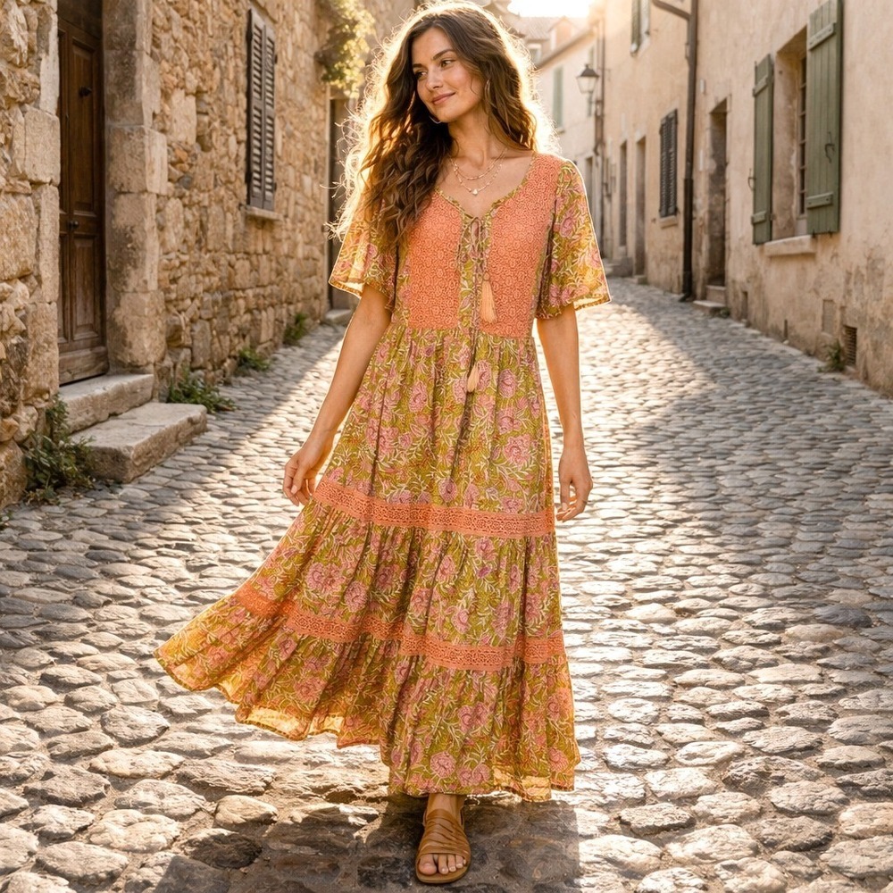 Boho Paisley Maxi Dress XS Cottagecore Tiered Block Print Romantic Sundress